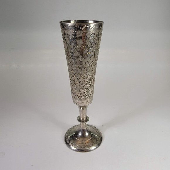 Etched Silver Plate Over Brass Cordial Cup Flute World Gift ZY India 5" set of 4 - Picture 3 of 7